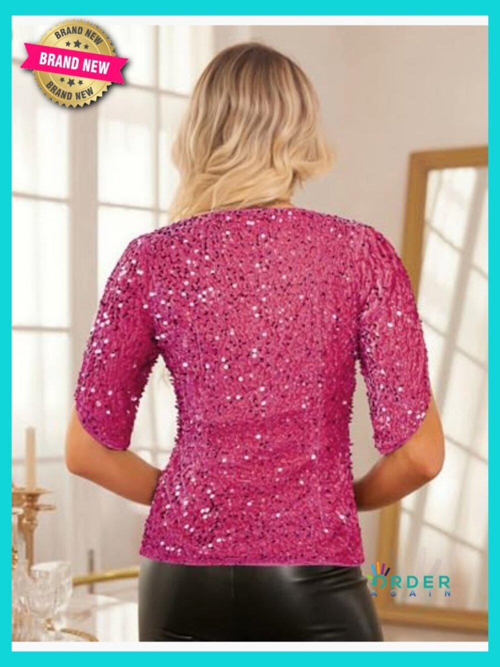V Neck Velvet Sequin Blouse 3/4 Sleeve Ruched Party Top Dressy Sparkly - Picture 3 of 7